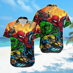 Marvel Spiderman Hulk Wolverine Summer Superhero Fan Aloha Hawaiian Shirt