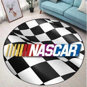 Nascar Checkered Flag Racing Rug &ndash; Round Sports Car Theme Area Carpet for Fans